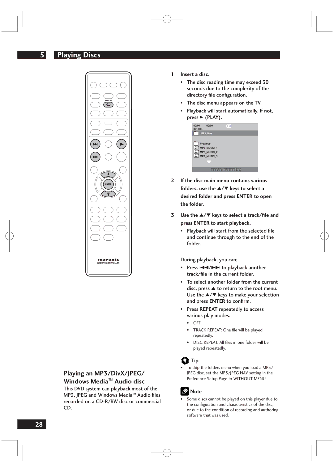 Marantz DV6001 manual Playing an MP3/DivX/JPEG Windows Media Audio disc, Insert a disc, Tip 