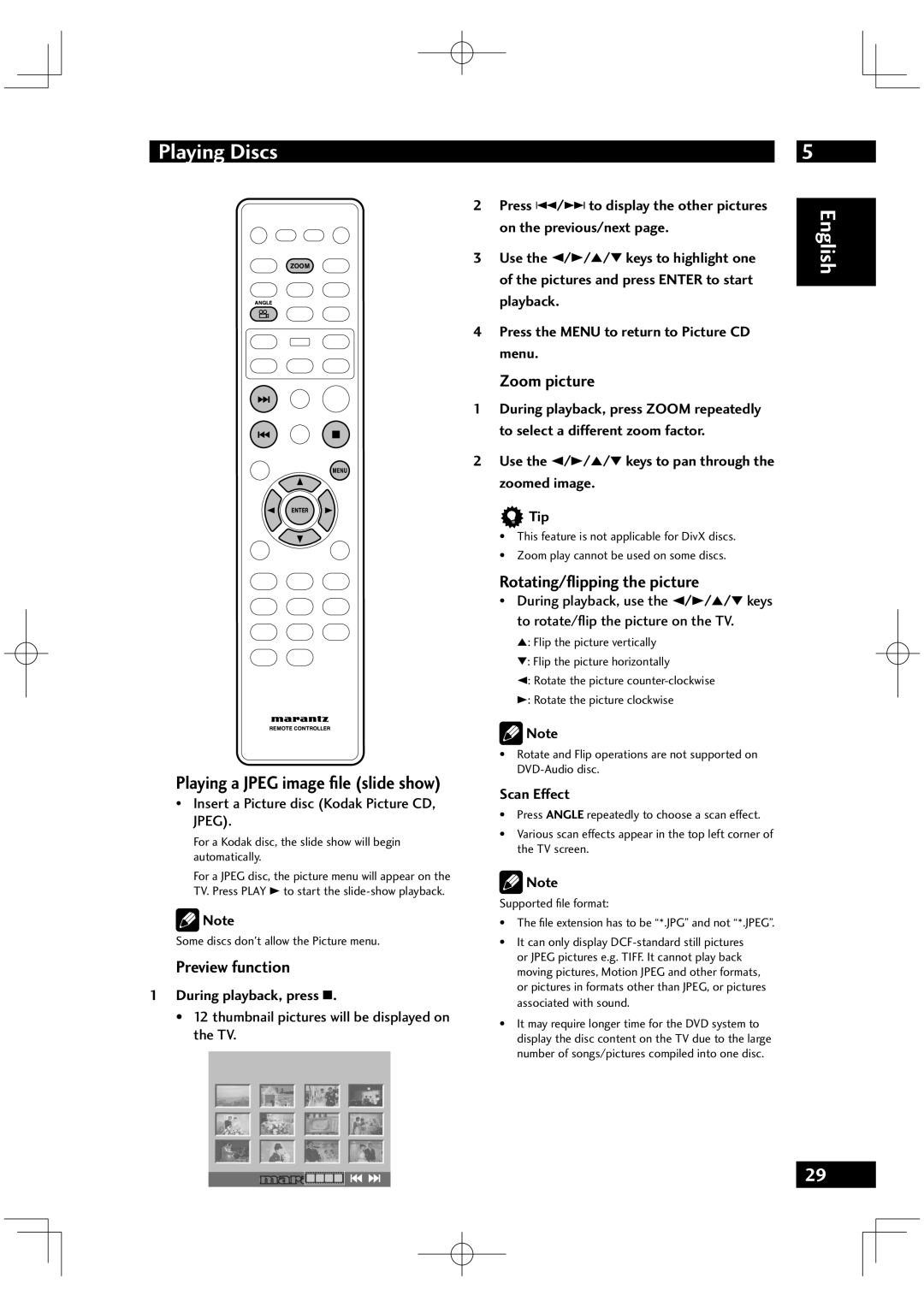 Marantz DV6001 manual Preview function, Zoom picture, Rotating/ﬂipping the picture 