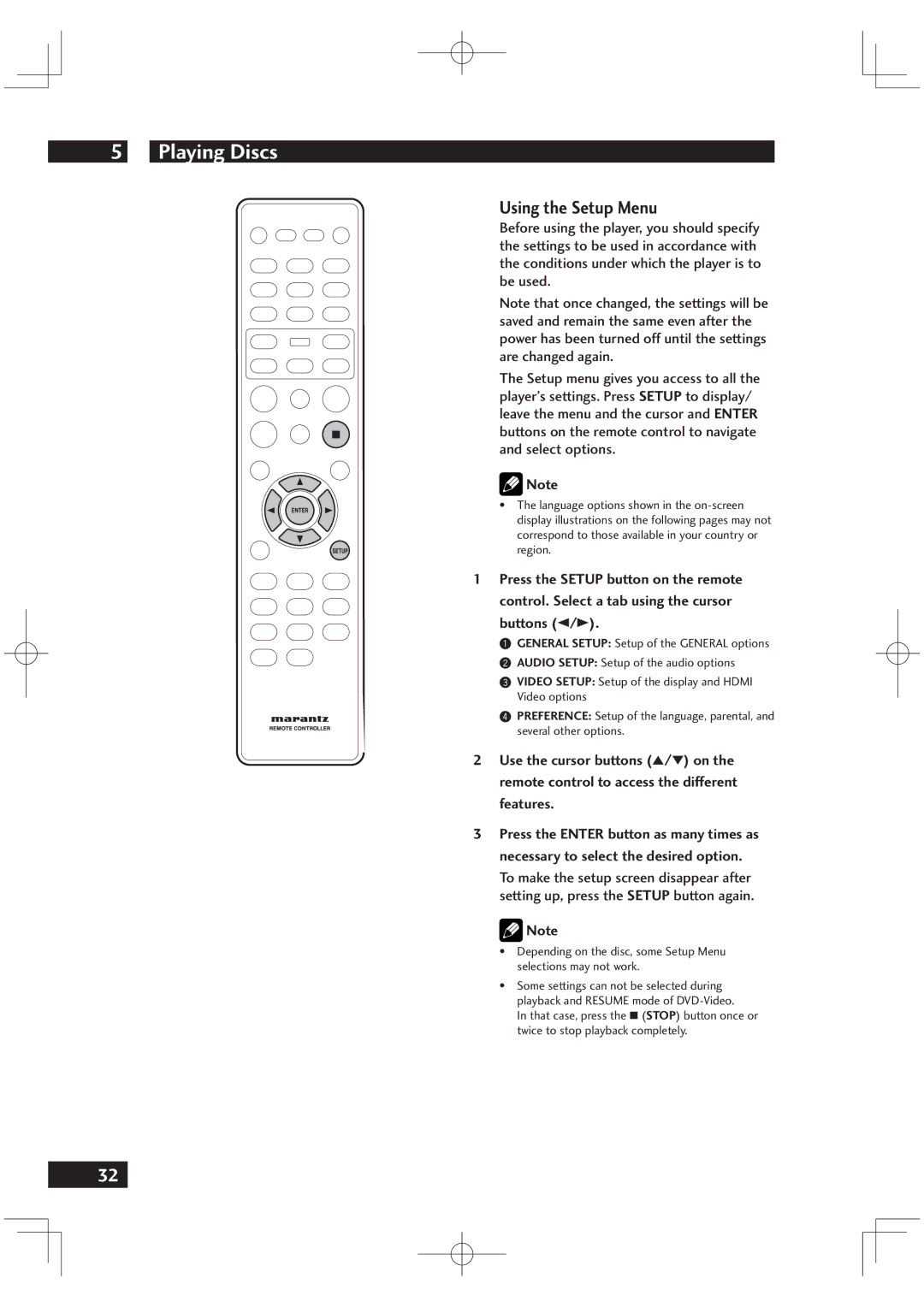 Marantz DV6001 manual Using the Setup Menu 