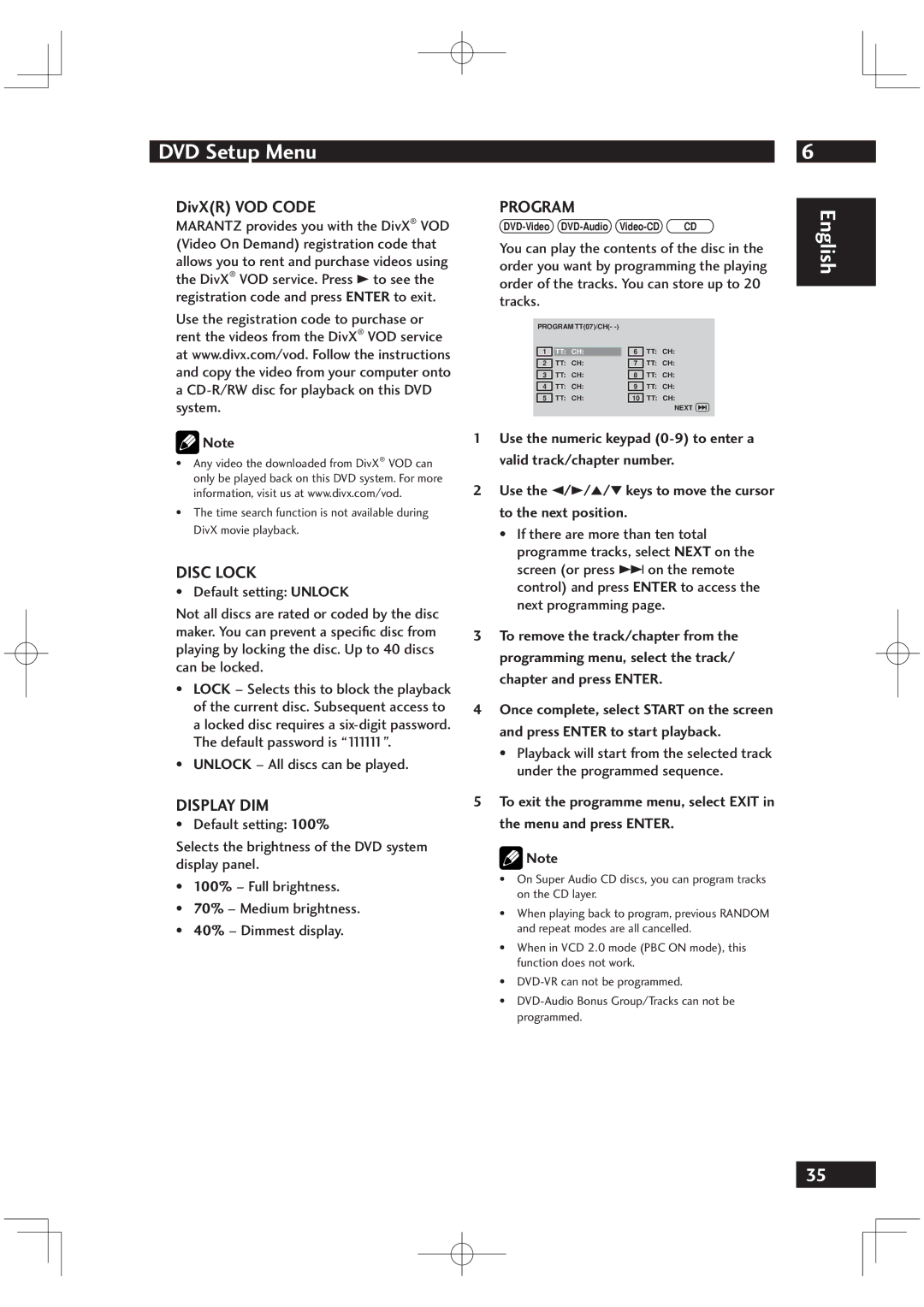 Marantz DV6001 manual DivXR VOD Code, Disc Lock, Display DIM, Program, Unlock All discs can be played 