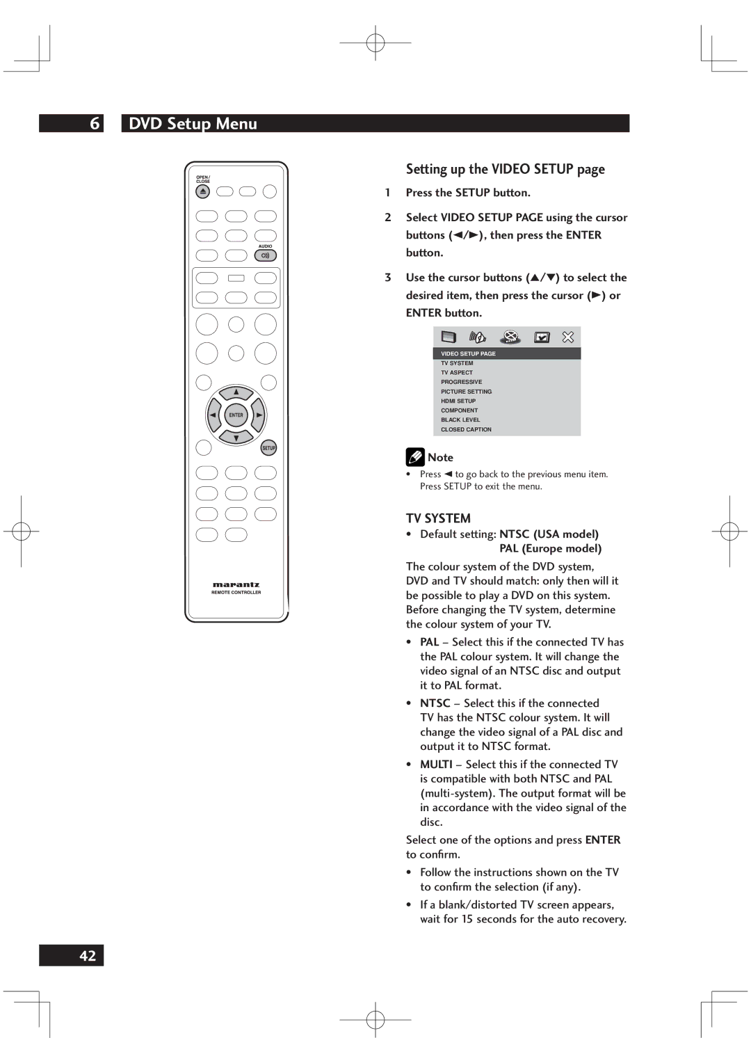 Marantz DV6001 manual Setting up the Video Setup, TV System, Default setting Ntsc USA model, PAL Europe model 