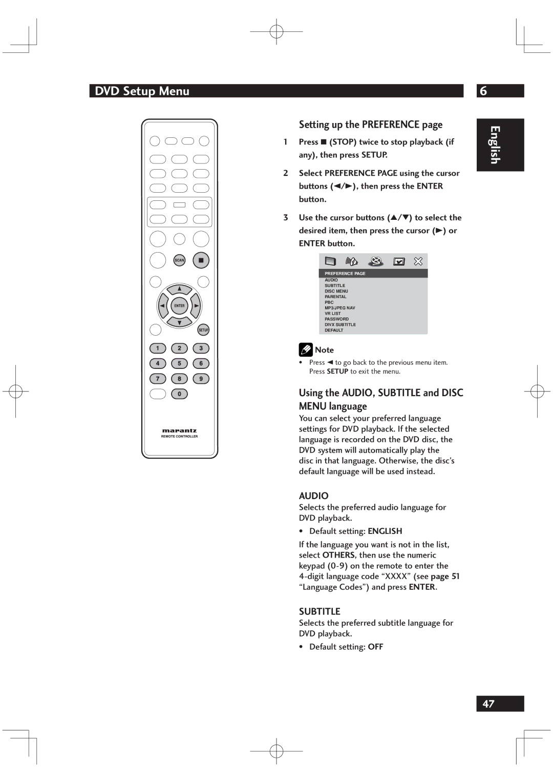 Marantz DV6001 manual Using the AUDIO, Subtitle and Disc Menu language, Setting up the Preference, Audio 