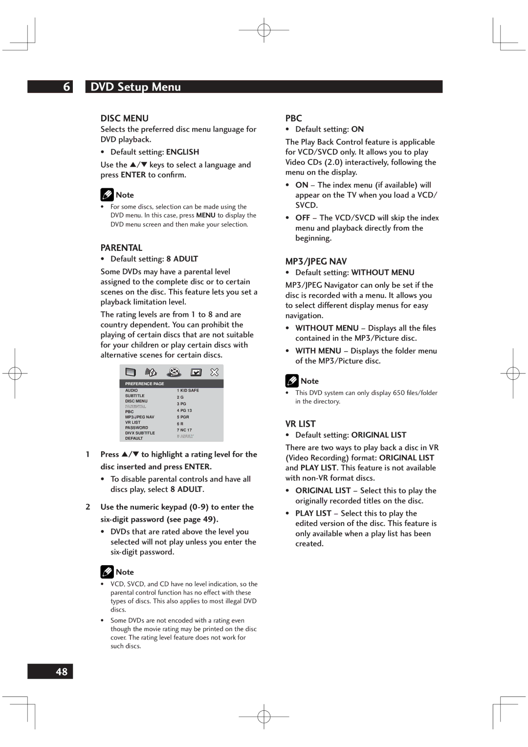 Marantz DV6001 manual Disc Menu, Parental, Pbc, MP3/JPEG NAV, VR List 