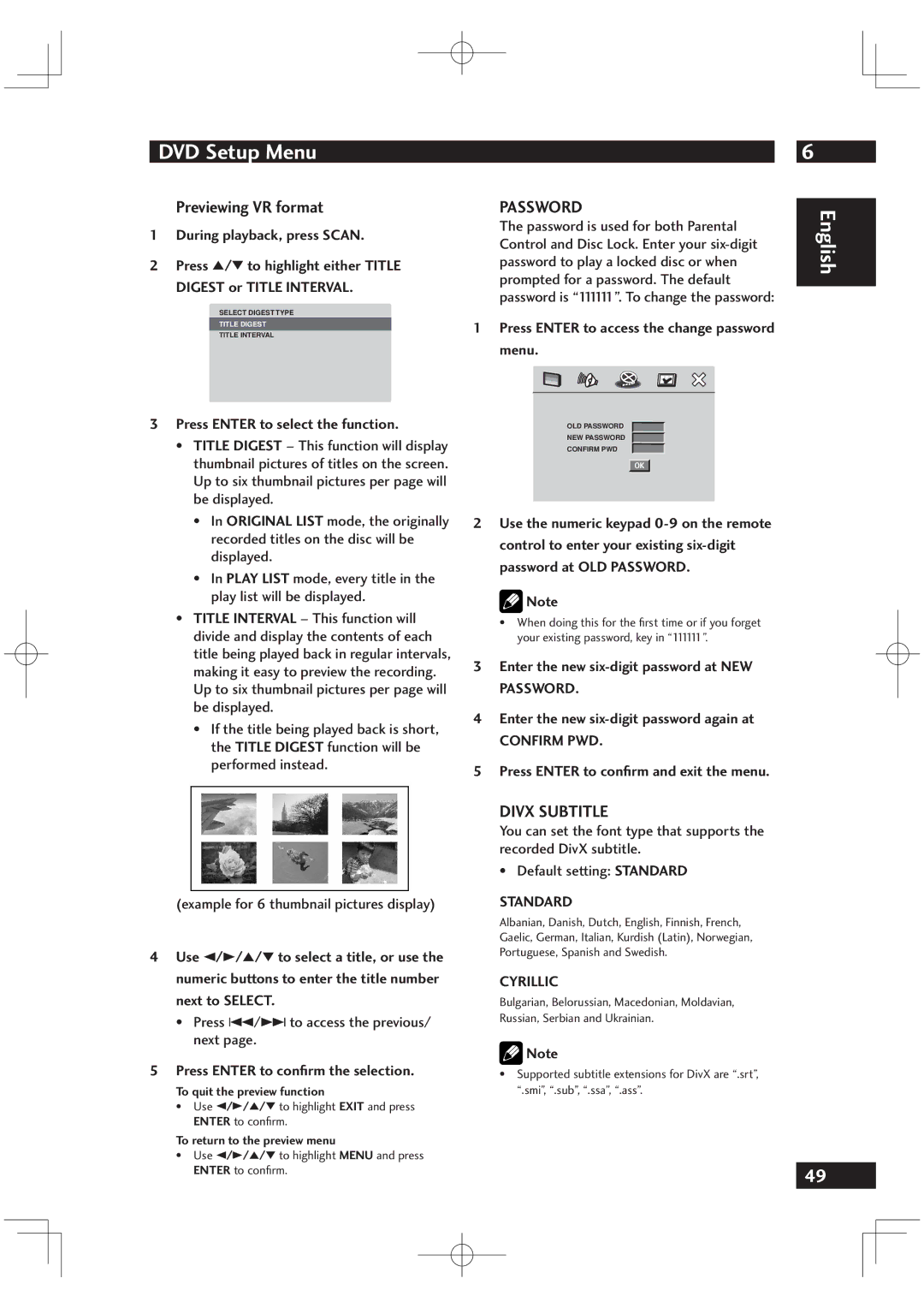 Marantz DV6001 manual Previewing VR format, Password, Divx Subtitle 