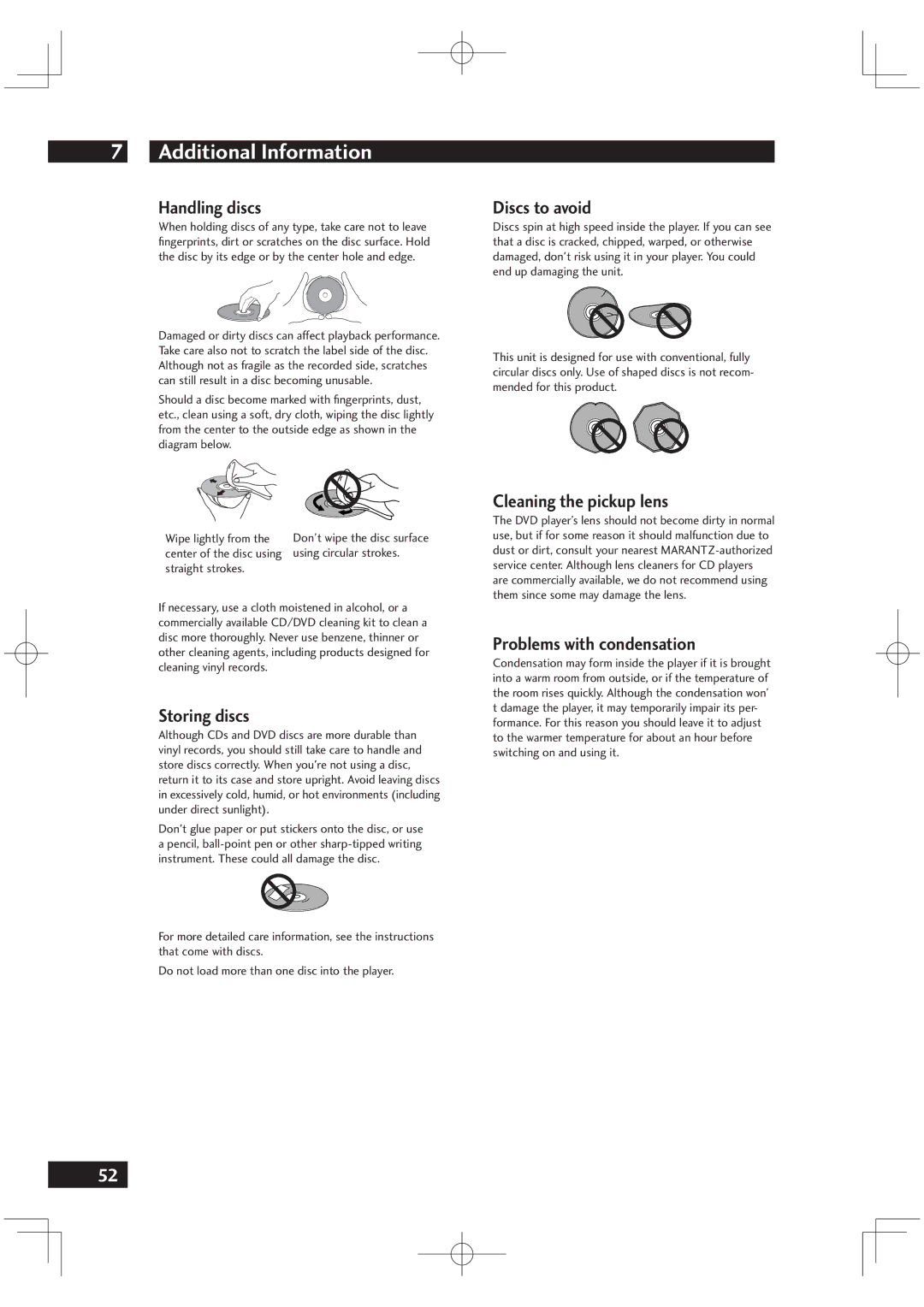 Marantz DV6001 manual Handling discs, Storing discs, Discs to avoid, Cleaning the pickup lens, Problems with condensation 