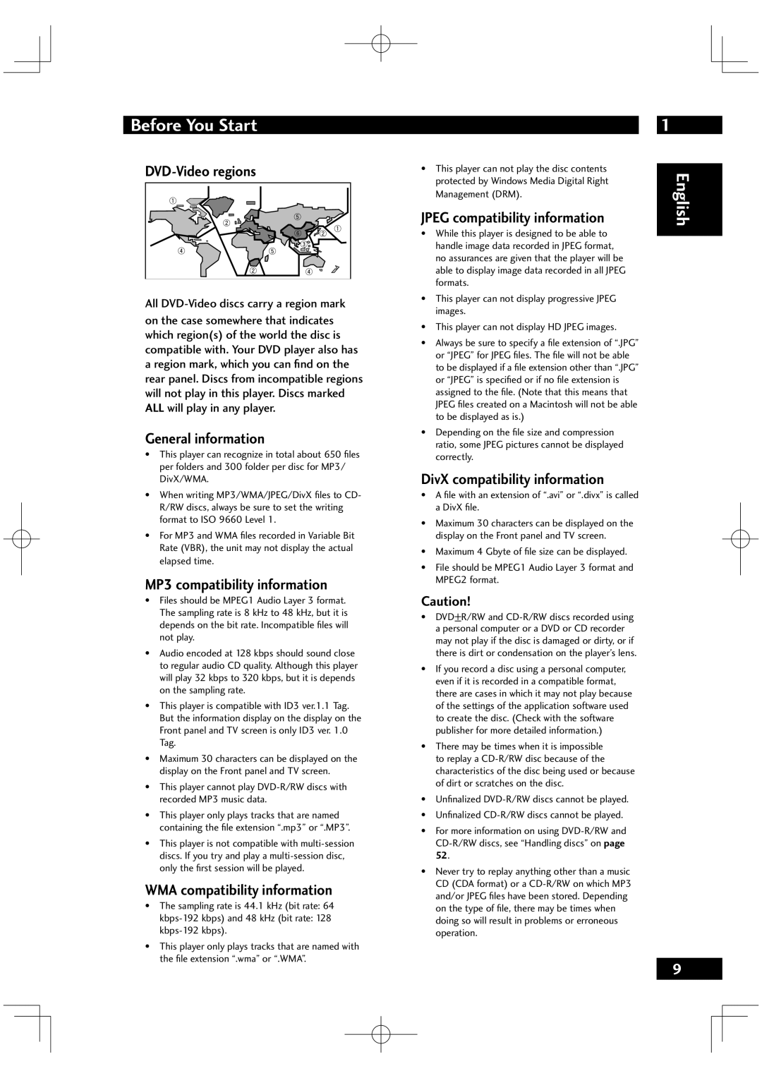 Marantz DV6001 manual DVD-Video regions, General information, MP3 compatibility information, WMA compatibility information 