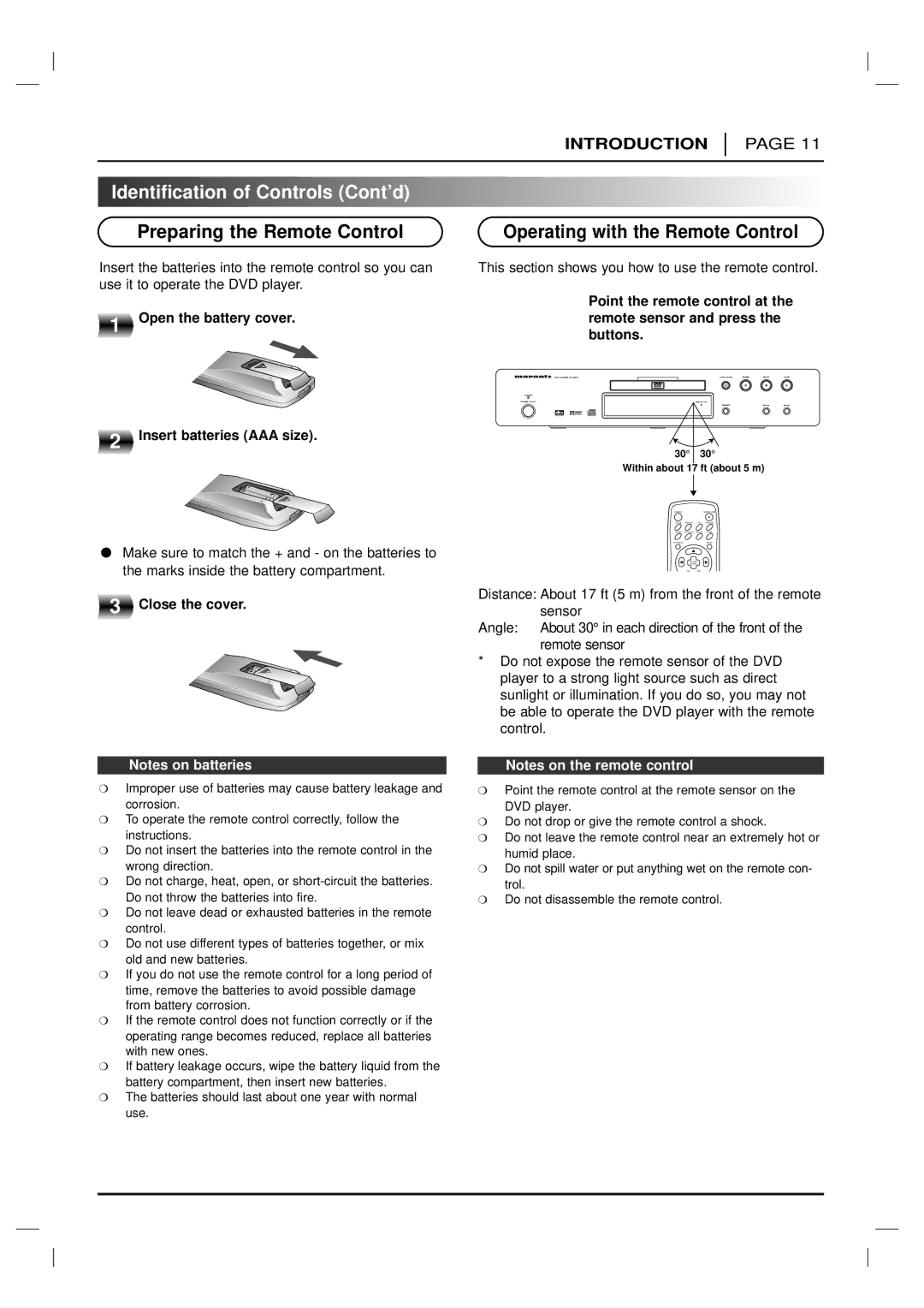 Marantz DV6200 Preparing the Remote Control, Operating with the Remote Control, Open the battery cover, Close the cover 