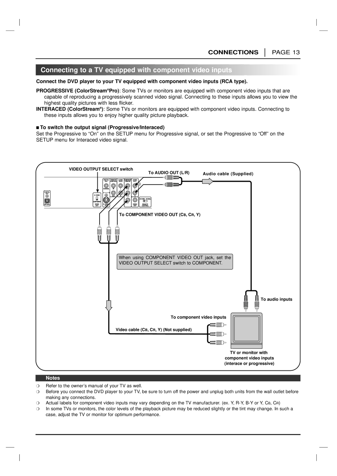 Marantz DV6200 Connecting to a TV equipped with component video inputs, To switch the output signal Progressive/Interaced 