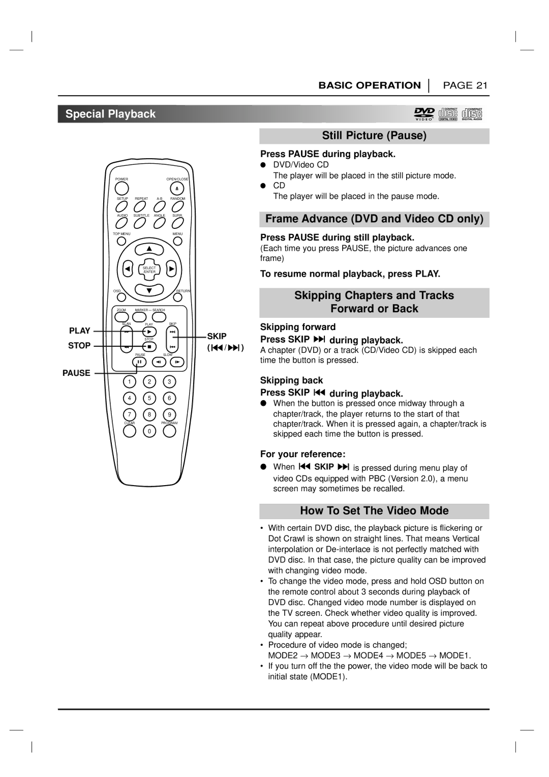 Marantz DV6200 manual Special Playback, Still Picture Pause, Frame Advance DVD and Video CD only, How To Set The Video Mode 