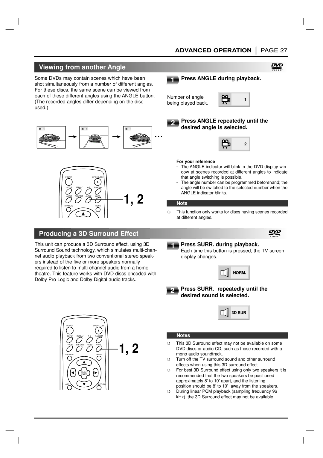 Marantz DV6200 manual Viewing from another Angle, Producing a 3D Surround Effect 