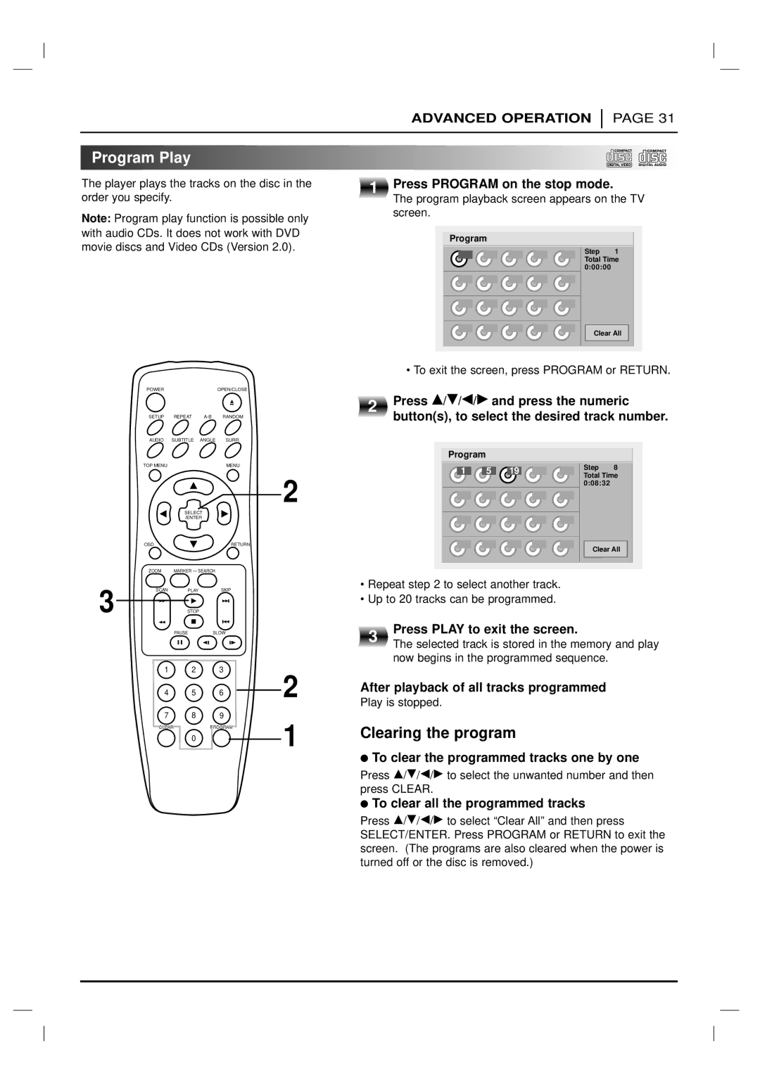 Marantz DV6200 manual Program Play, Clearing the program 