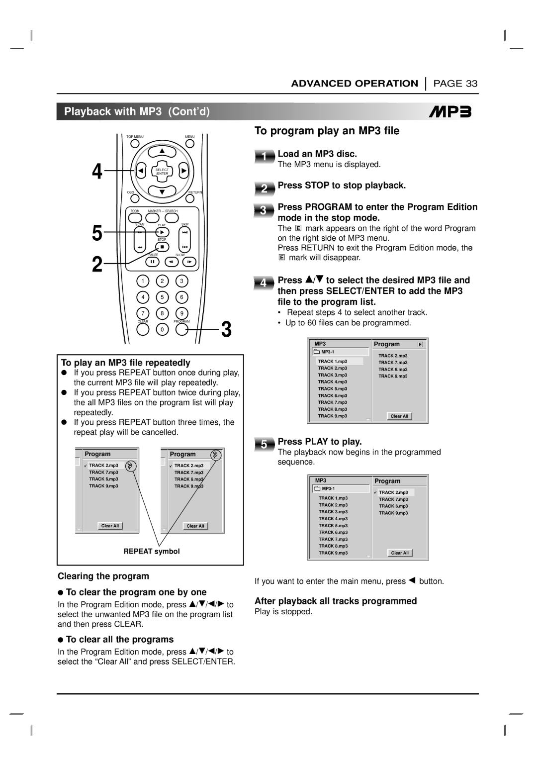 Marantz DV6200 manual Playback with MP3 Cont’d To program play an MP3 file 