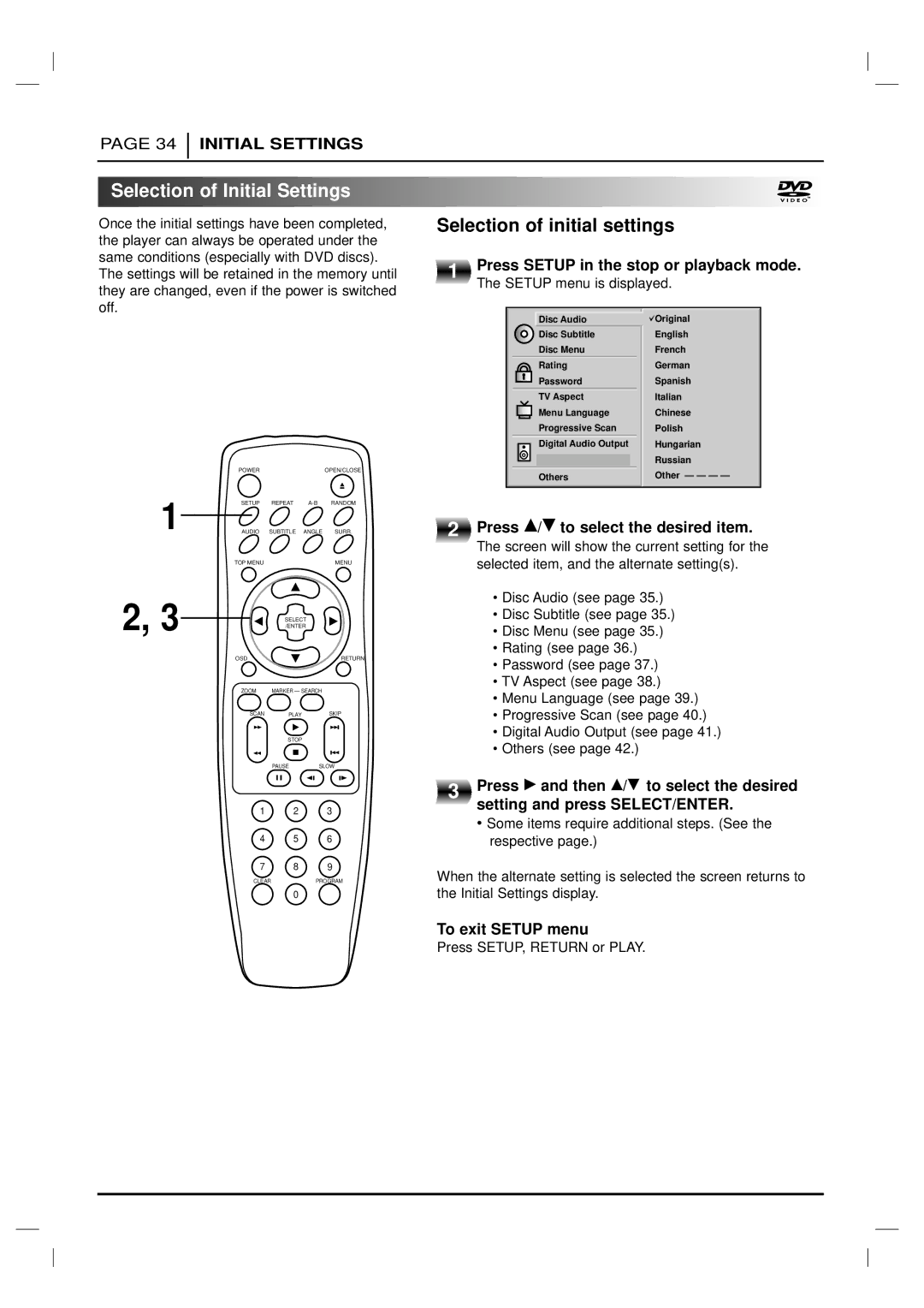 Marantz DV6200 Selection of Initial Settings, Selection of initial settings, Press Setup in the stop or playback mode 