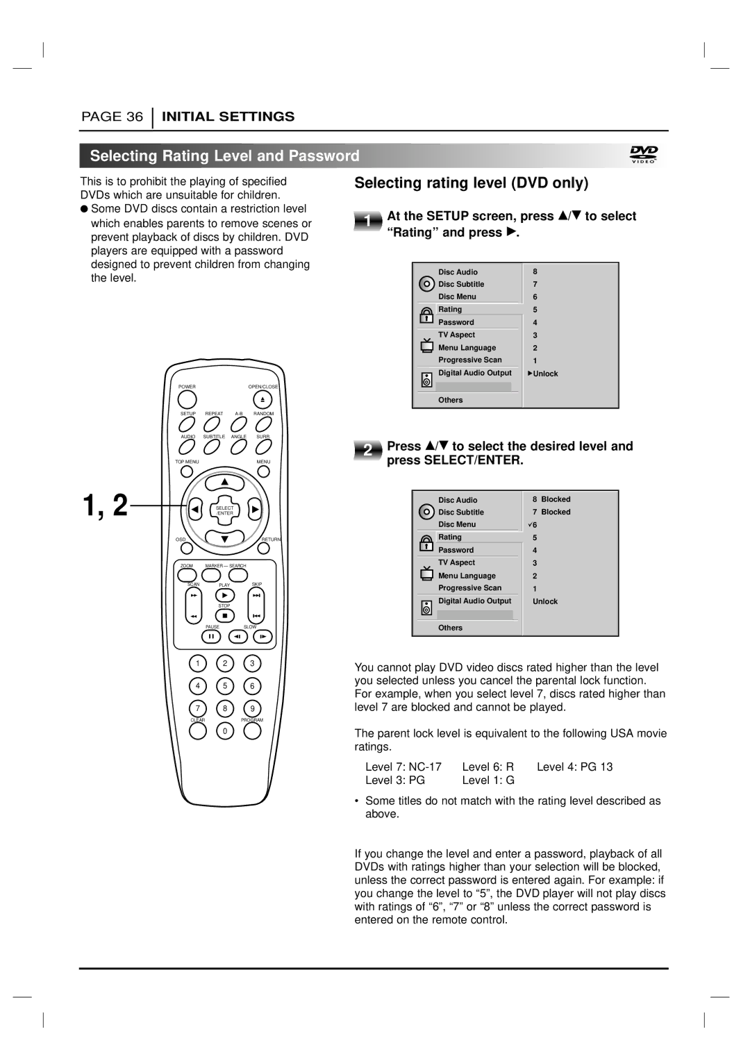 Marantz DV6200 manual Selecting Rating Level and Password, Selecting rating level DVD only 