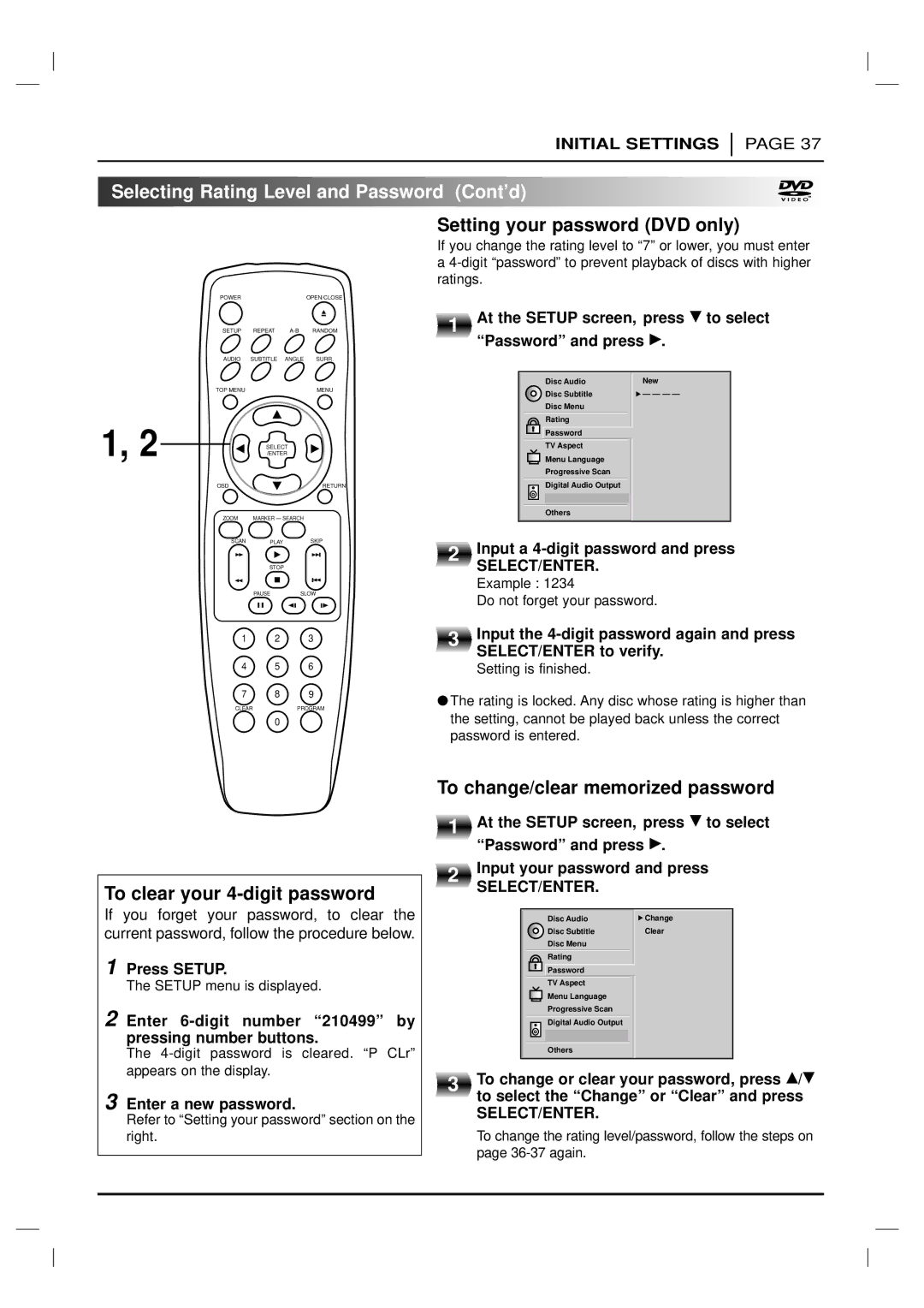 Marantz DV6200 manual To clear your 4-digit password, To change/clear memorized password 