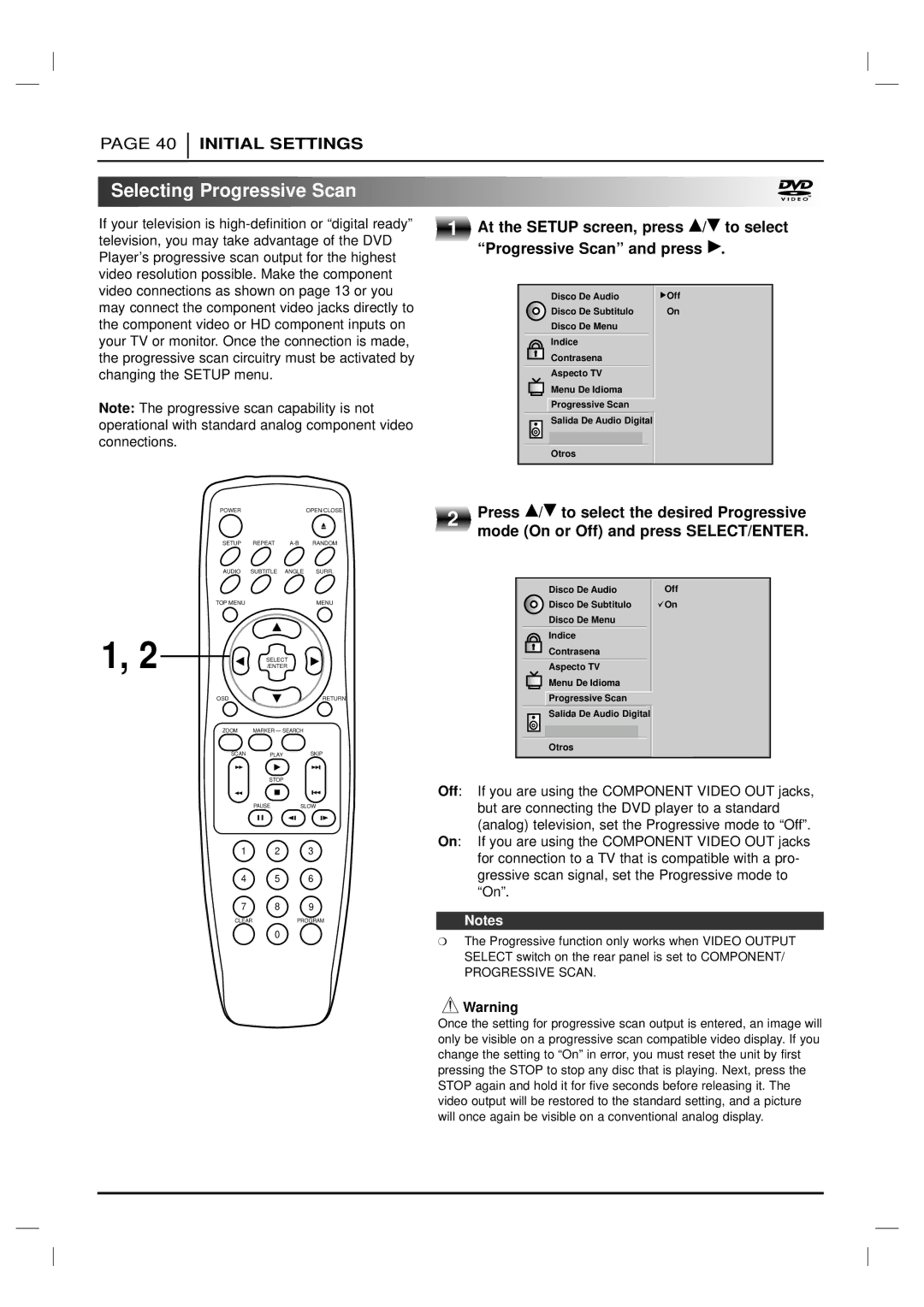 Marantz DV6200 manual Selecting Progressive Scan 