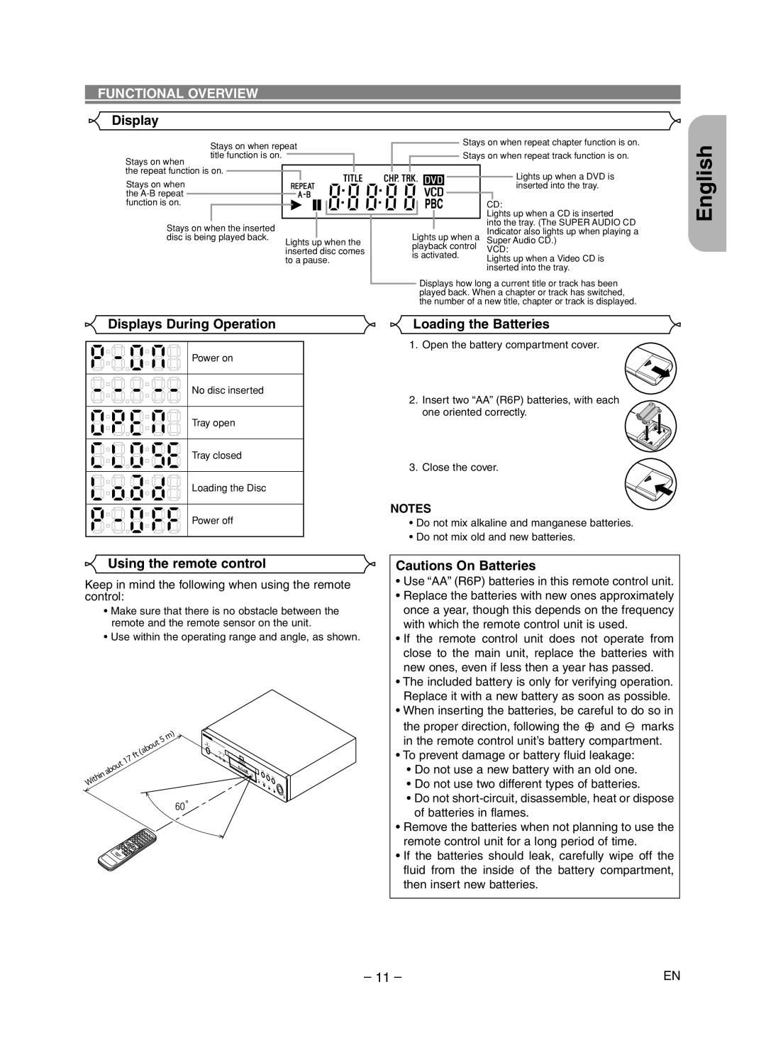 Marantz DV6400 manual Displays During Operation, Loading the Batteries, Using the remote control 