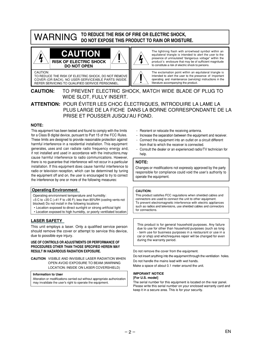 Marantz DV6400 manual Risk of Electric Shock Do not Open, Operating Environment, Laser Safety 