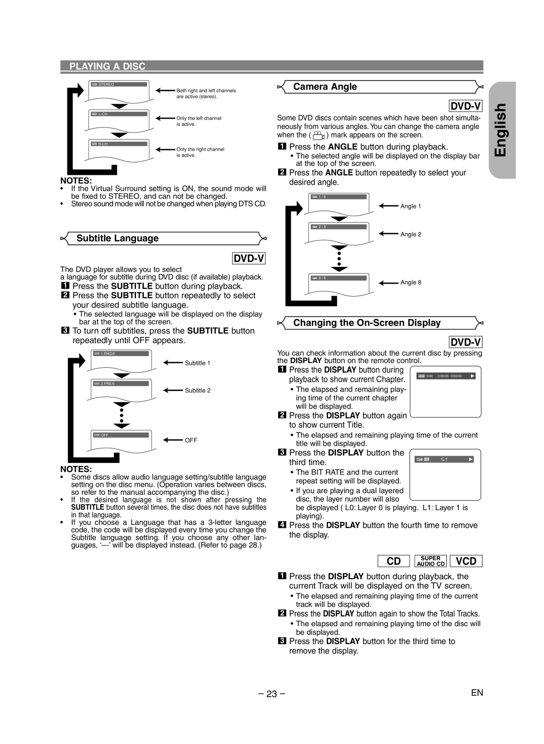 Marantz DV6400 manual Subtitle Language, Changing the On-Screen Display, Camera Angle 