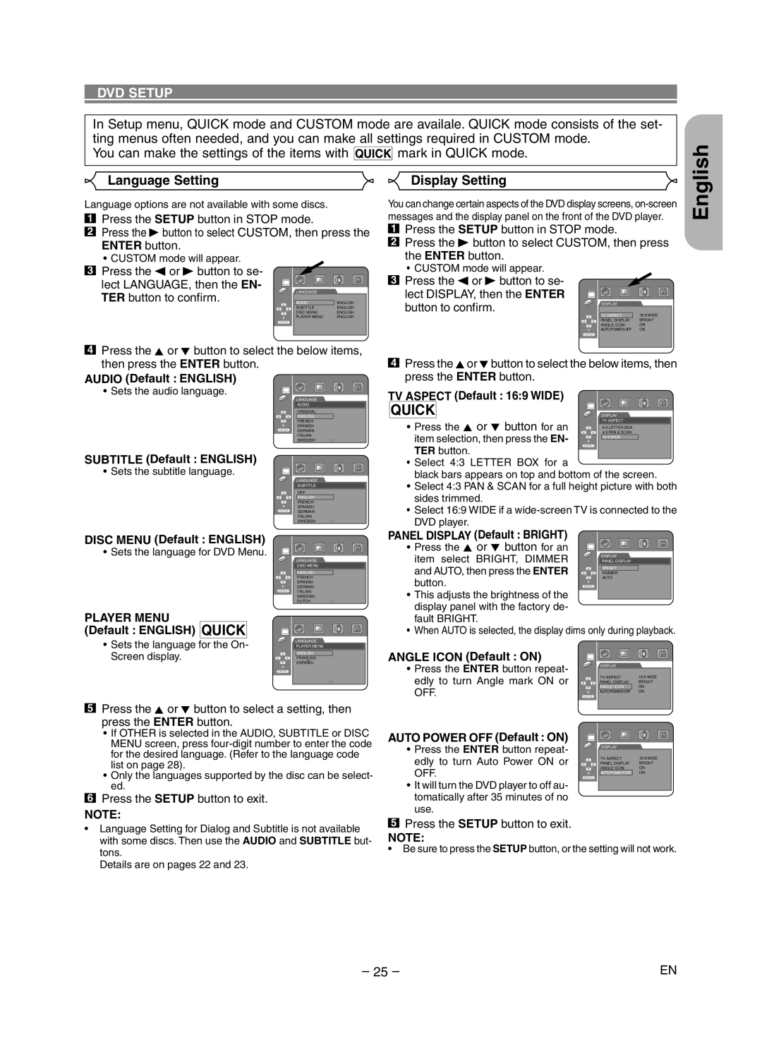 Marantz DV6400 manual Quick, DVD Setup, Language Setting, Display Setting, Player Menu 