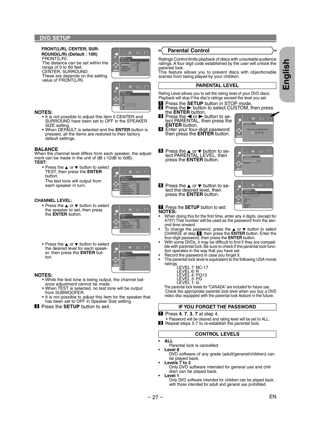 Marantz DV6400 manual Parental Control, Parental Level, Balance, If YOU Forget the Password, Control Levels 
