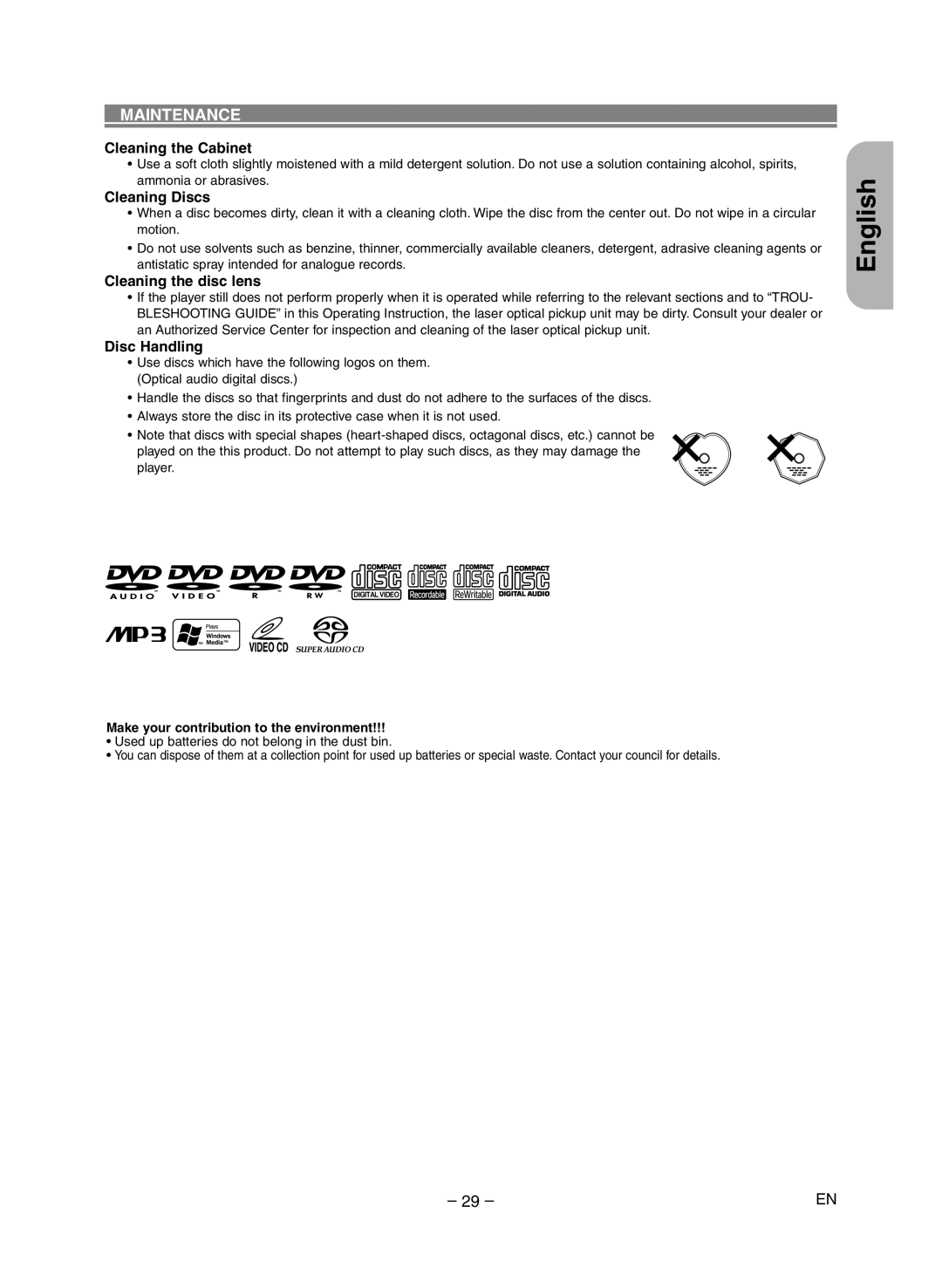 Marantz DV6400 manual Maintenance, Cleaning the Cabinet, Cleaning Discs, Cleaning the disc lens, Disc Handling 