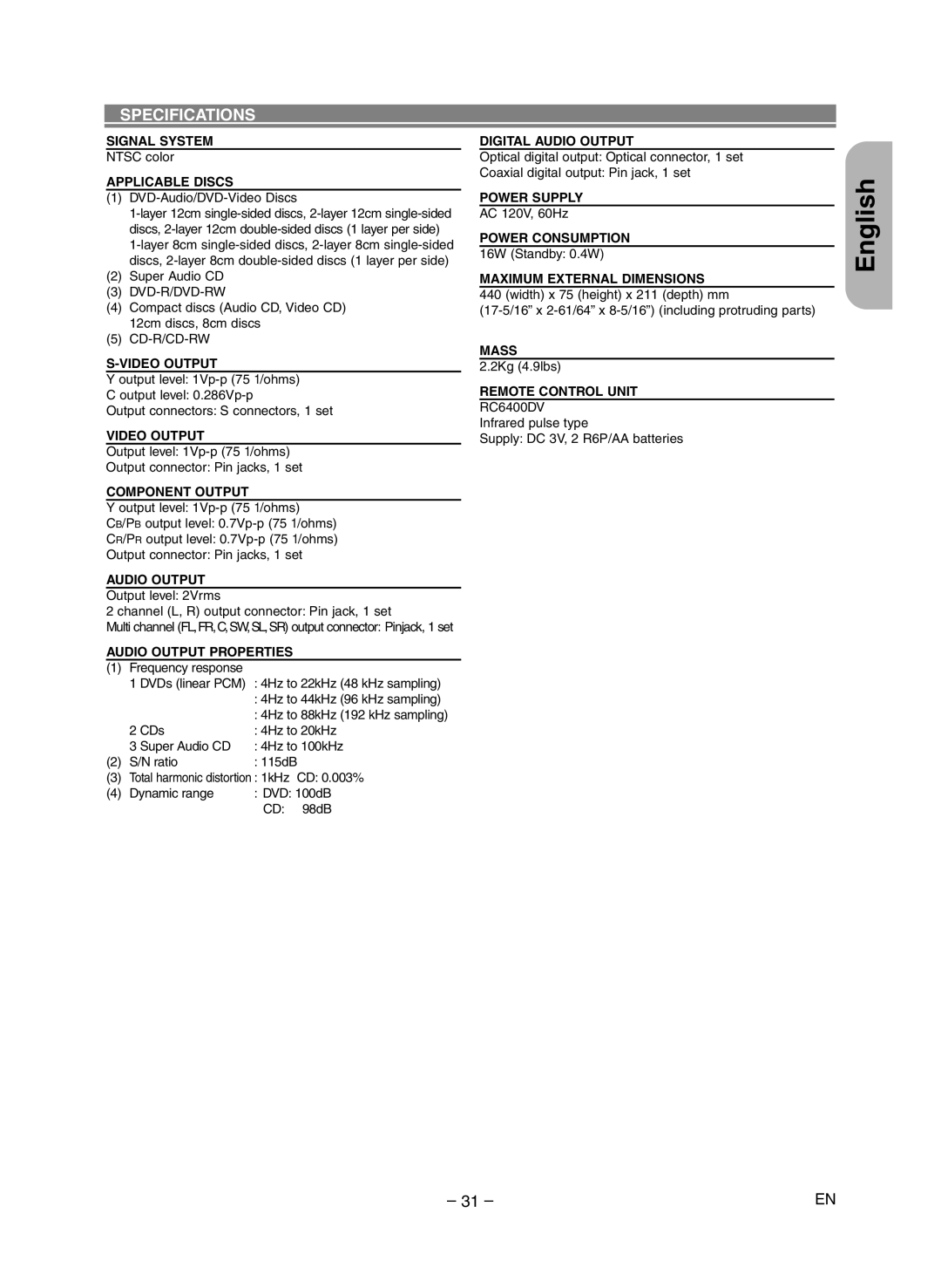 Marantz DV6400 manual Specifications 