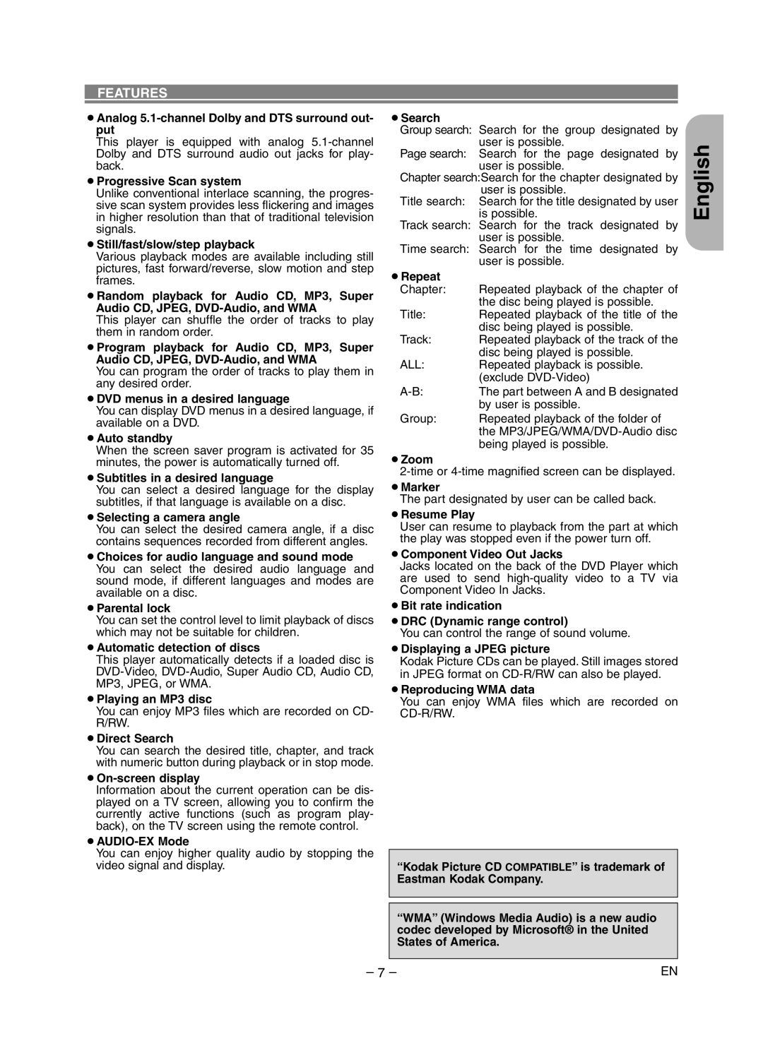 Marantz DV6400 manual Features 