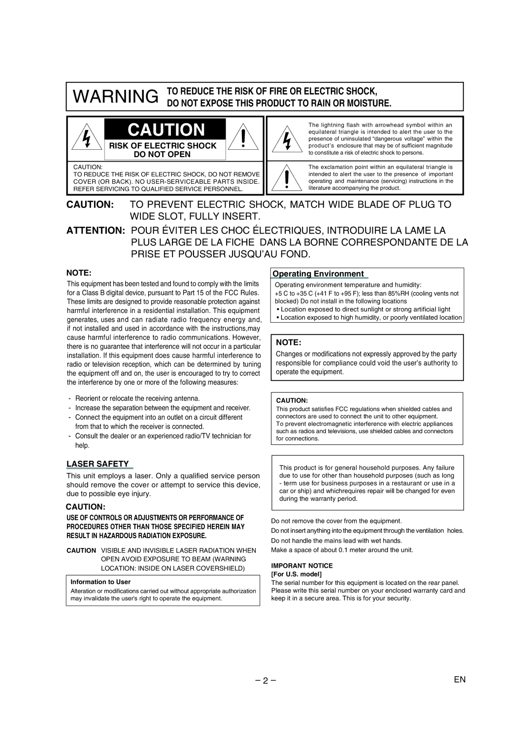 Marantz DV6500 To Reduce the Risk of Fire or Electric Shock, Do not Expose this Product to Rain or Moisture, Laser Safety 