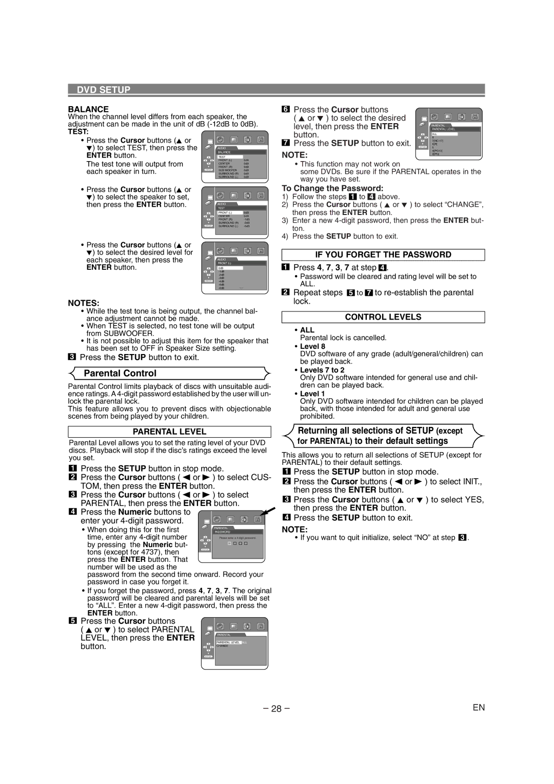 Marantz DV6500 manual Parental Control, Balance, If YOU Forget the Password, Control Levels, Parental Level 