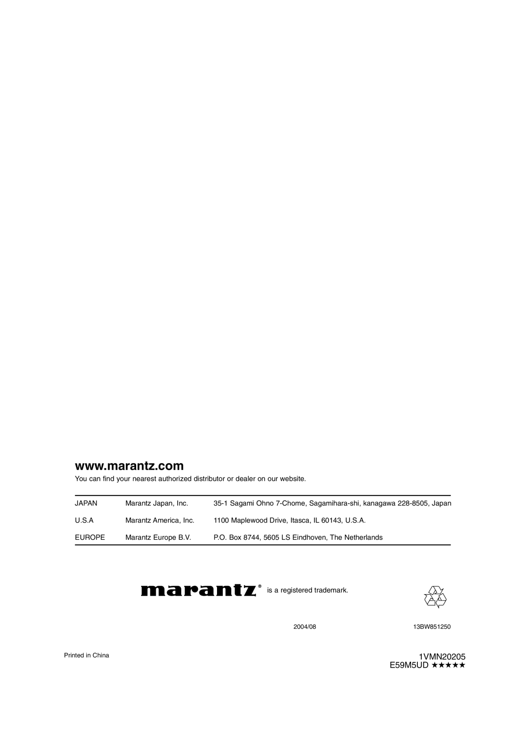 Marantz DV6500 manual 1VMN20205, Japan, Europe 