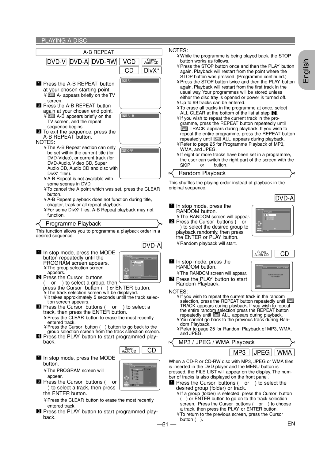 Marantz DV6600 manual Random Playback, Programme Playback, MP3 / Jpeg / WMA Playback, Repeat, Random button 