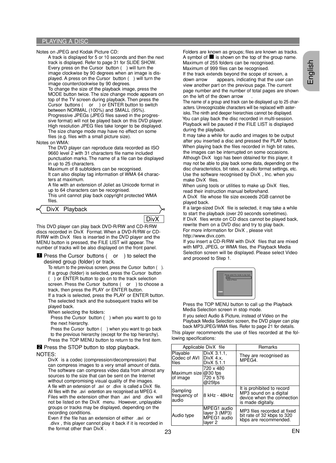 Marantz DV6600 manual DivX Playback, MPEG4 