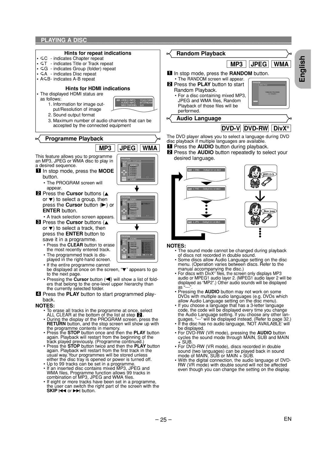 Marantz DV6600 Audio Language, Hints for repeat indications, Hints for Hdmi indications, Press the Play button to start 