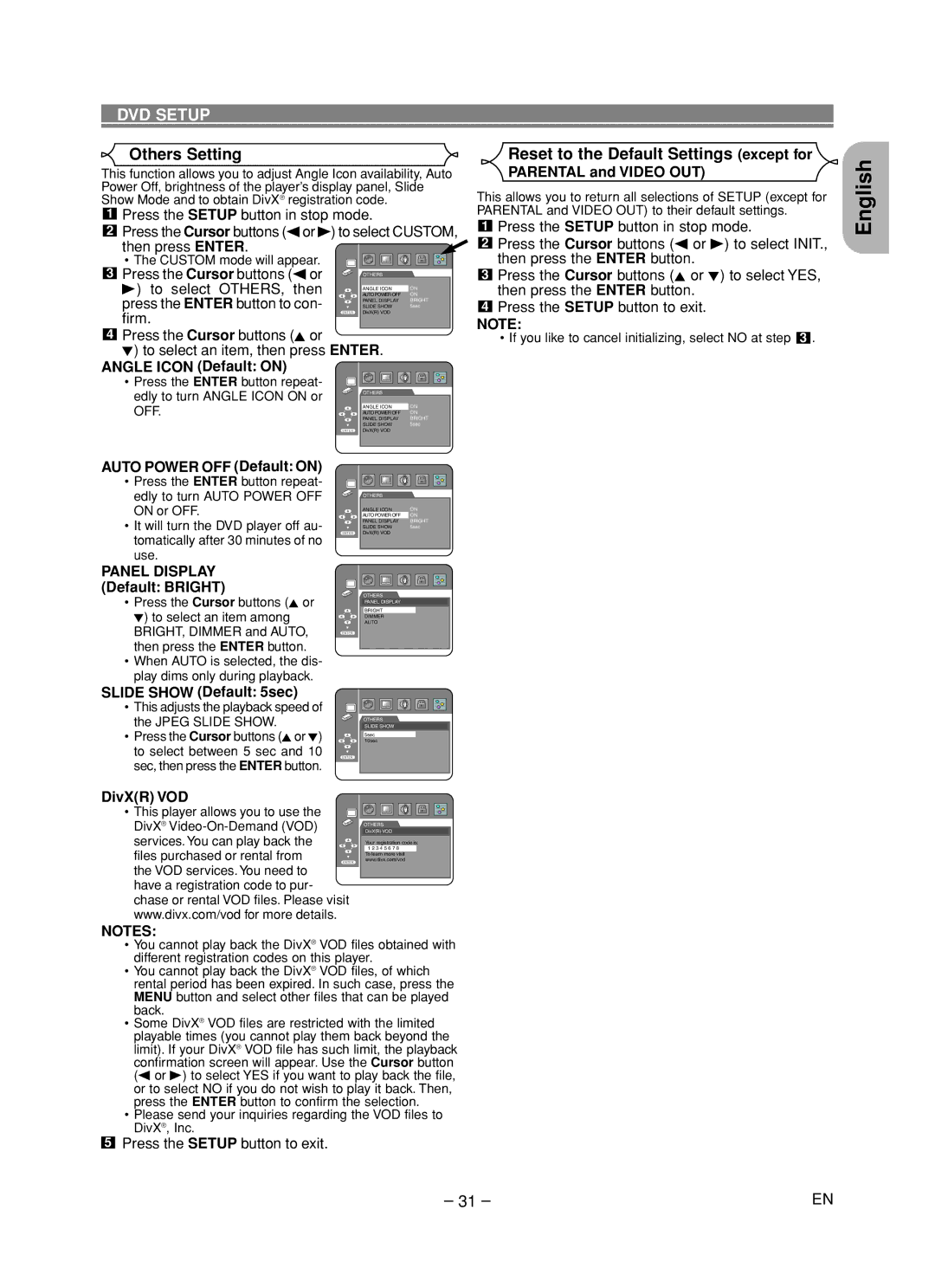 Marantz DV6600 manual Others Setting, Reset to the Default Settings except for 