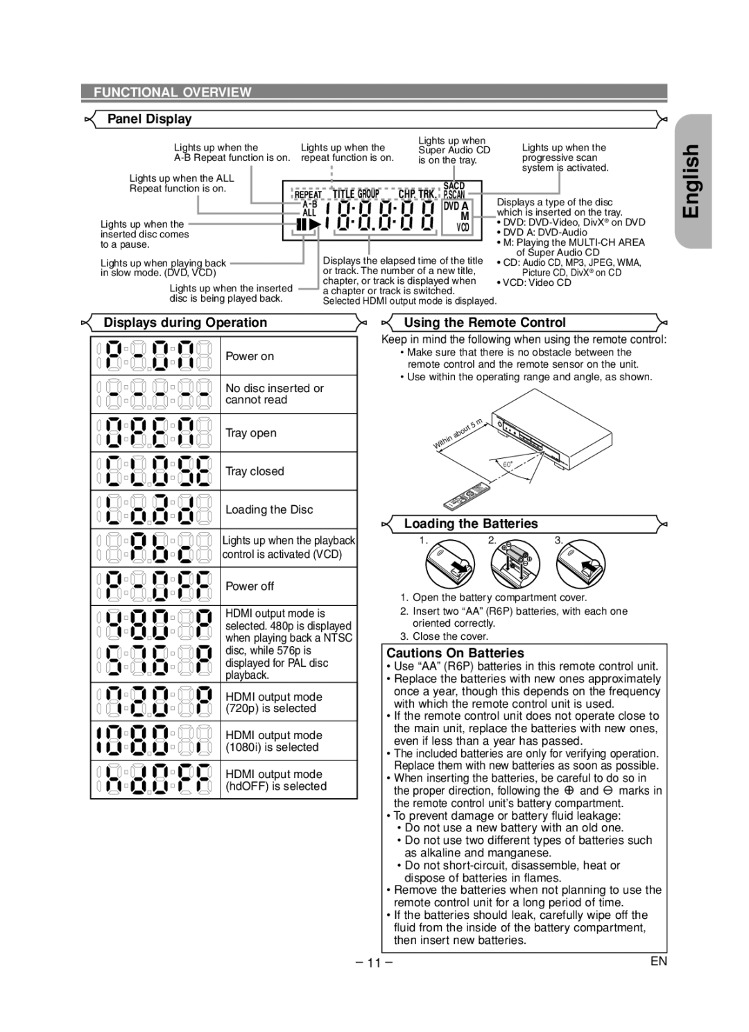 Marantz DV6600 manual Panel Display, Displays during Operation, Using the Remote Control, Loading the Batteries 