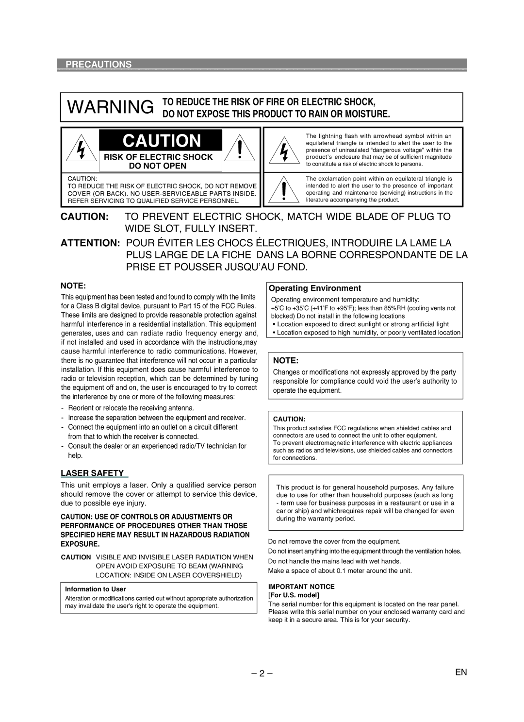 Marantz DV6600 manual Precautions, Risk of Electric Shock Do not Open, Operating Environment, Laser Safety 