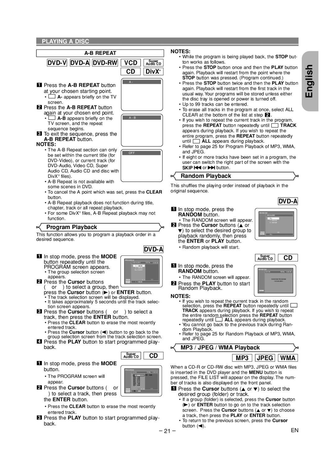 Marantz DV6600 manual Random Playback, Program Playback, MP3 / Jpeg / WMA Playback, Repeat, Random button 