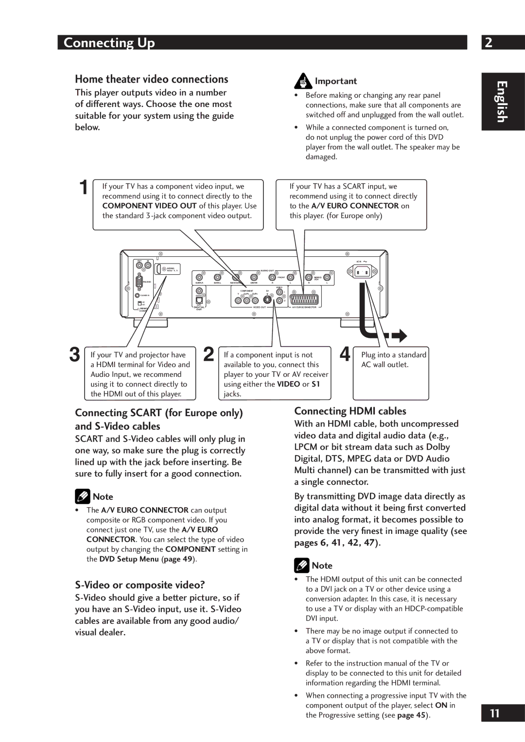 Marantz DV7001 Home theater video connections, Connecting Scart for Europe only and S-Video cables, Connecting Hdmi cables 