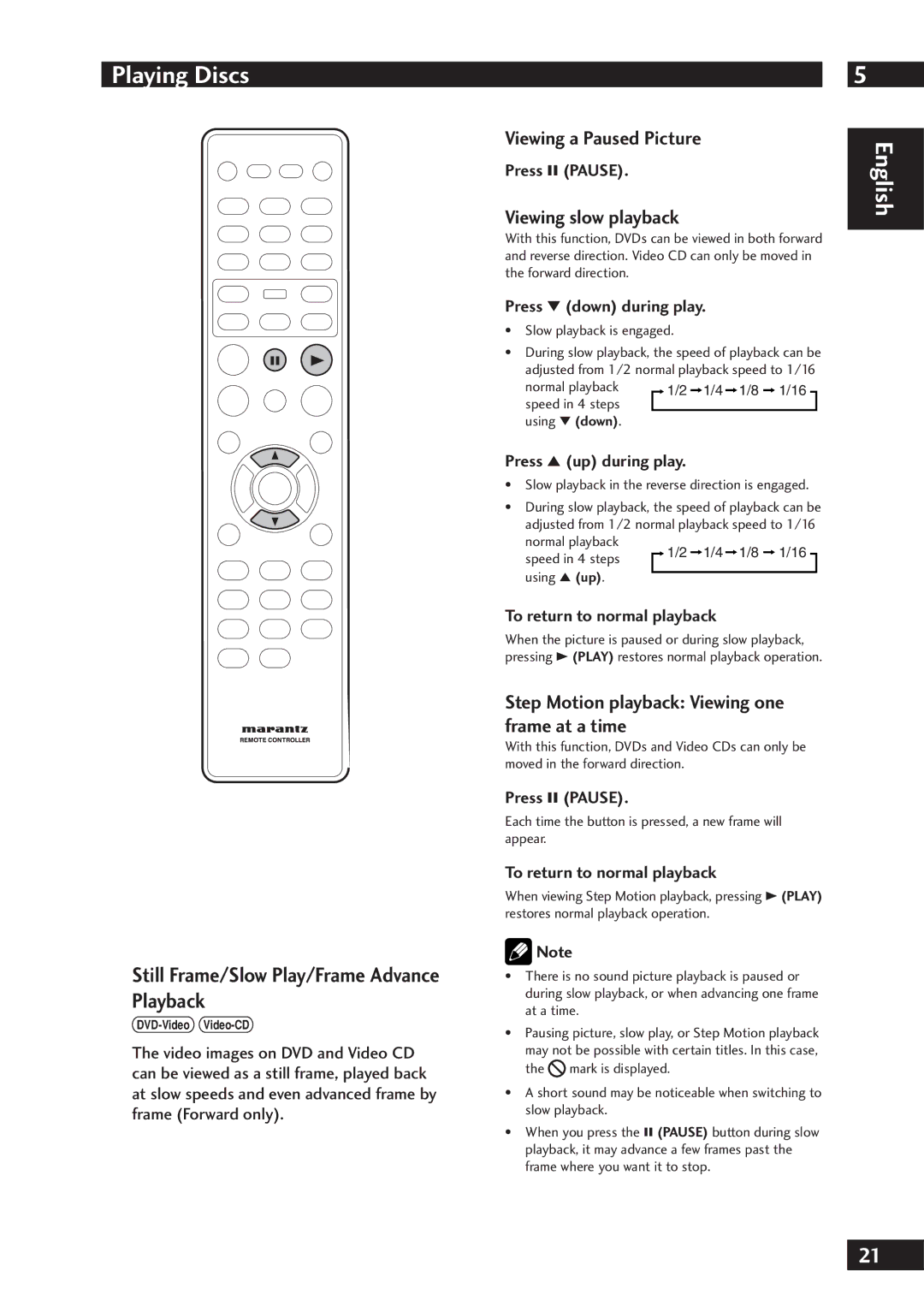 Marantz DV7001 manual Still Frame/Slow Play/Frame Advance Playback, Viewing a Paused Picture, Viewing slow playback 