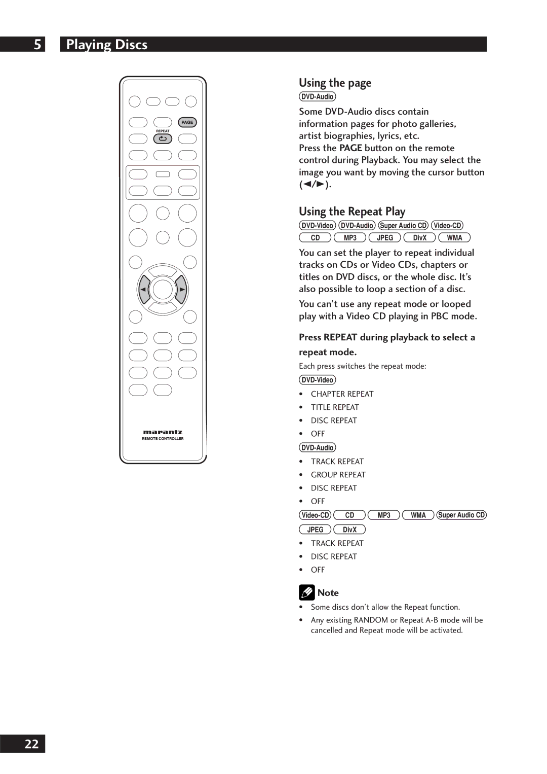 Marantz DV7001 manual Using the Repeat Play, Press Repeat during playback to select a Repeat mode 