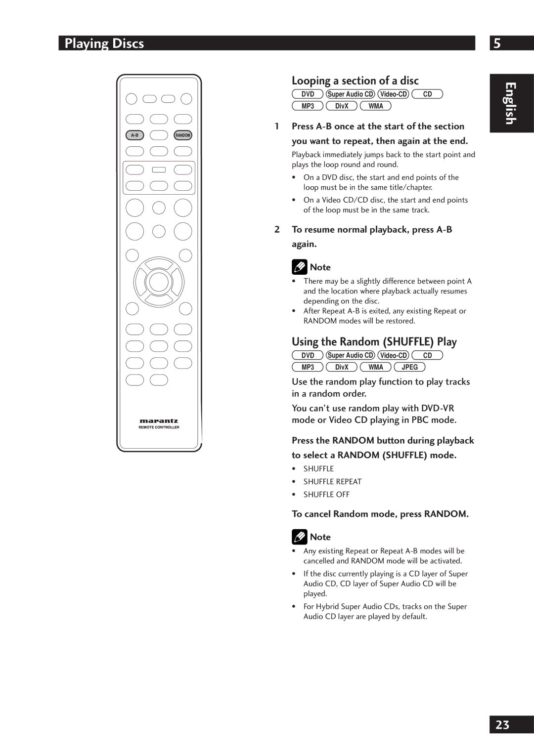 Marantz DV7001 Looping a section of a disc, Using the Random Shuffle Play, To resume normal playback, press A-B again 