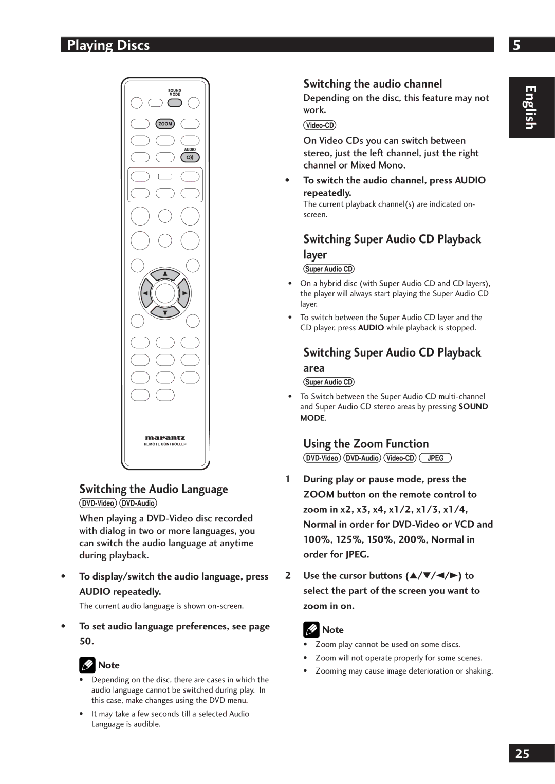 Marantz DV7001 manual Switching the Audio Language, Switching the audio channel, Switching Super Audio CD Playback layer 