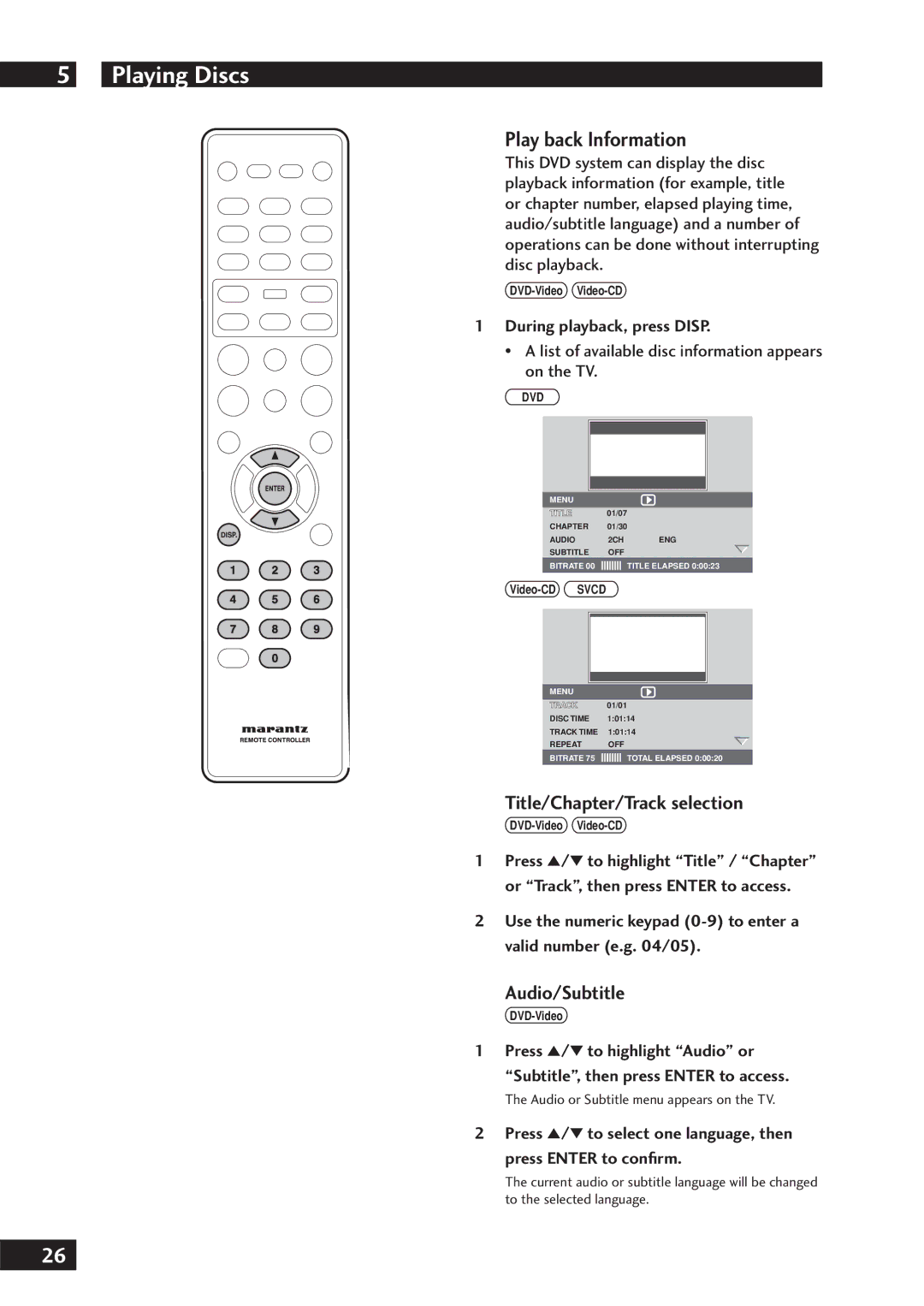 Marantz DV7001 manual Play back Information, Title/Chapter/Track selection, Audio/Subtitle, During playback, press Disp 