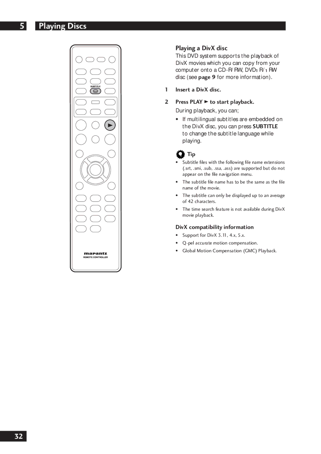 Marantz DV7001 manual Playing a DivX disc, Insert a DivX disc, DivX compatibility information 