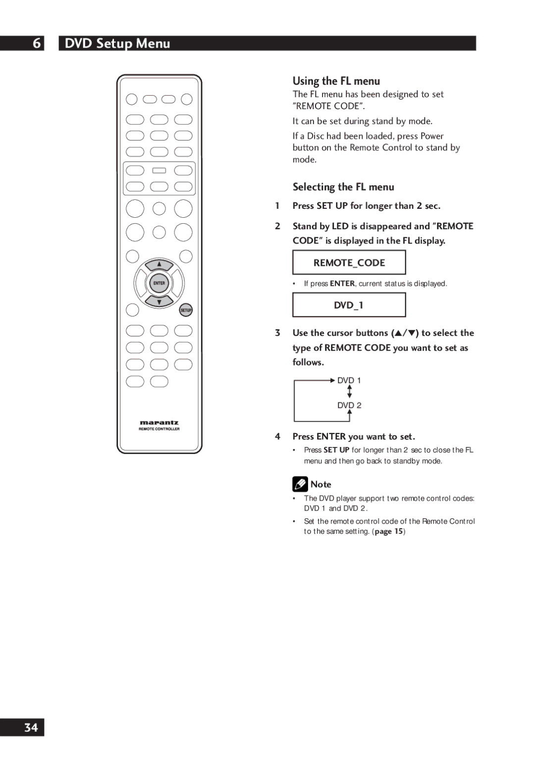 Marantz DV7001 manual DVD Setup Menu, Using the FL menu, Selecting the FL menu, Remotecode, DVD1 