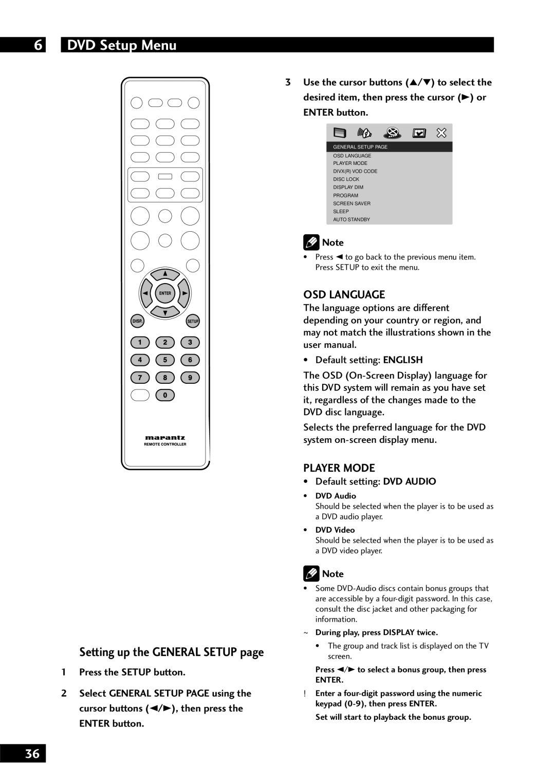 Marantz DV7001 manual OSD Language, Player Mode, Setting up the General Setup Press the Setup button, Enter button 