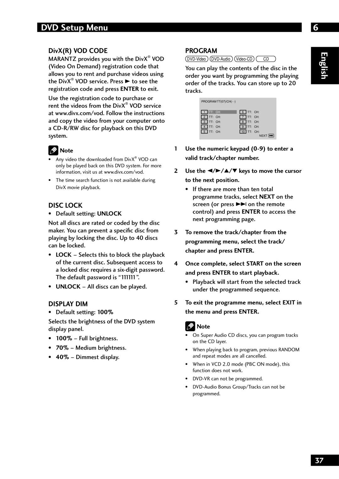 Marantz DV7001 manual DivXR VOD Code, Disc Lock, Display DIM, Program, Unlock All discs can be played 