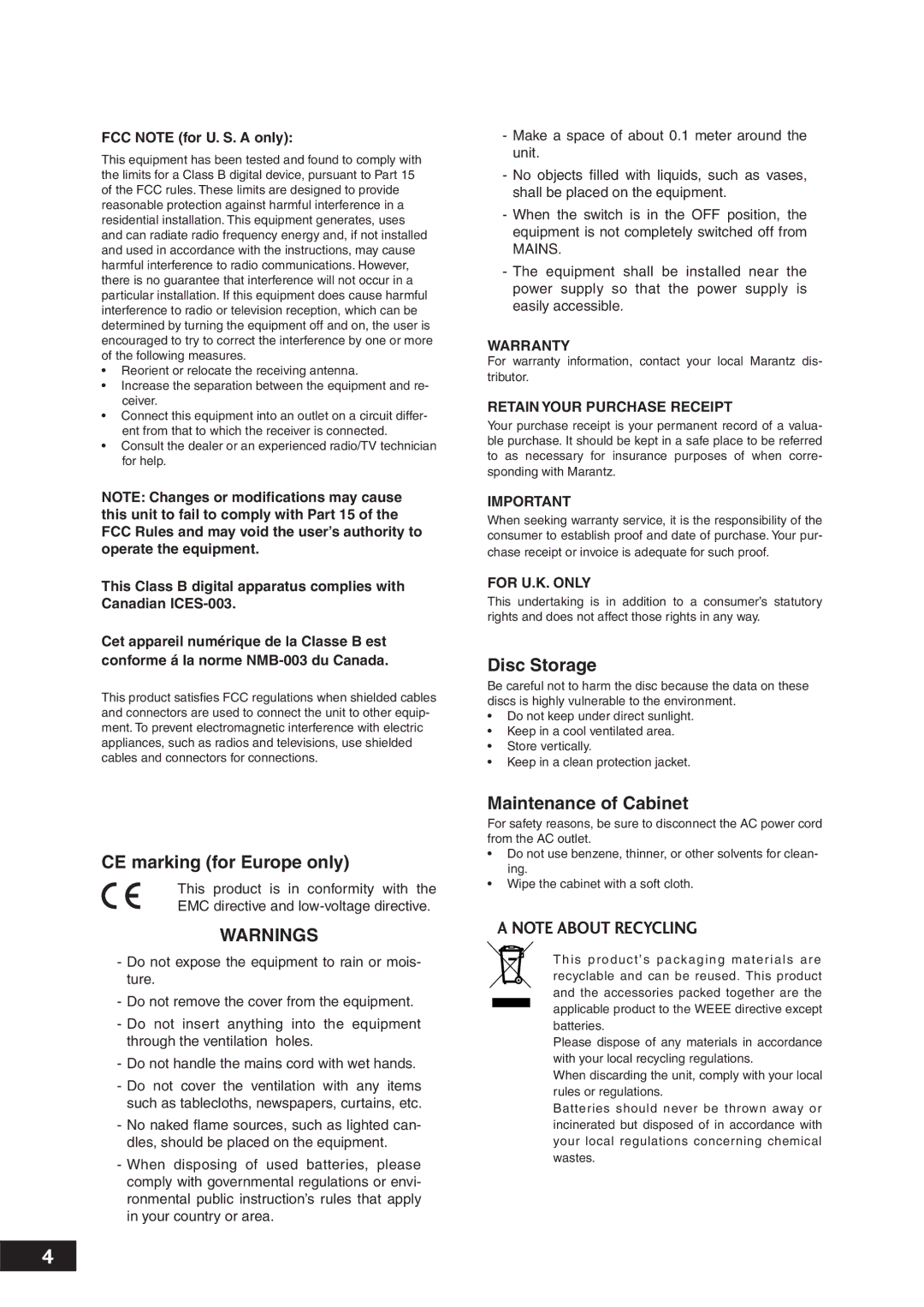 Marantz DV7001 manual CE marking for Europe only 