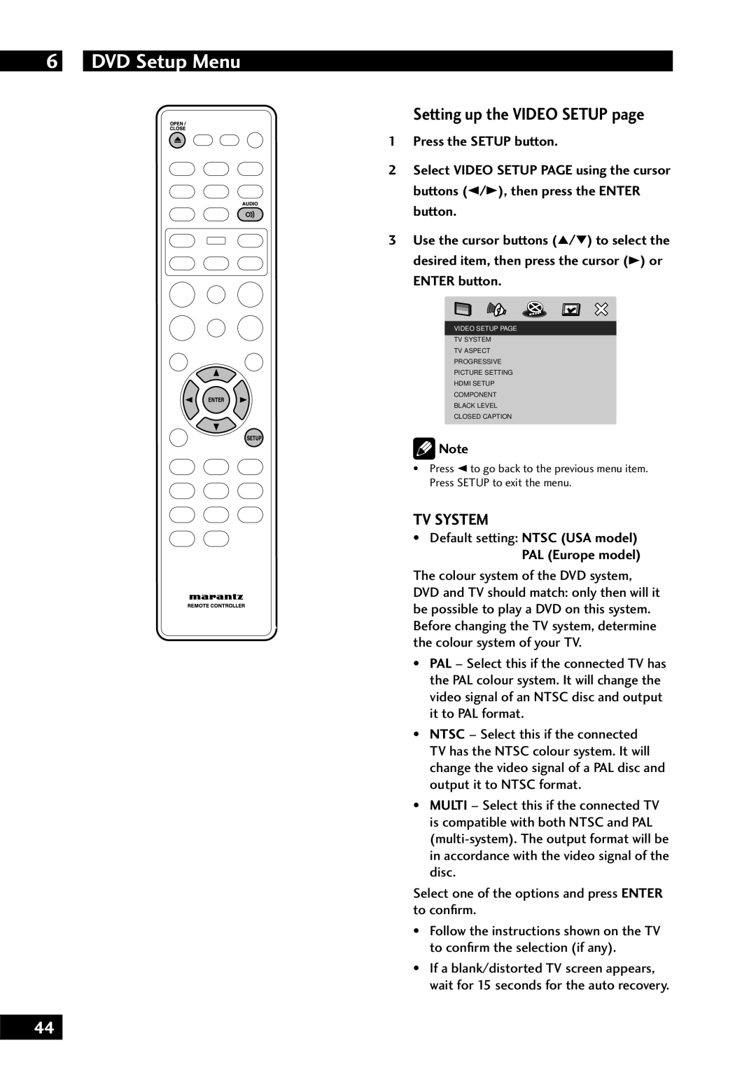 Marantz DV7001 manual Setting up the Video Setup, TV System, Default setting Ntsc USA model, PAL Europe model 